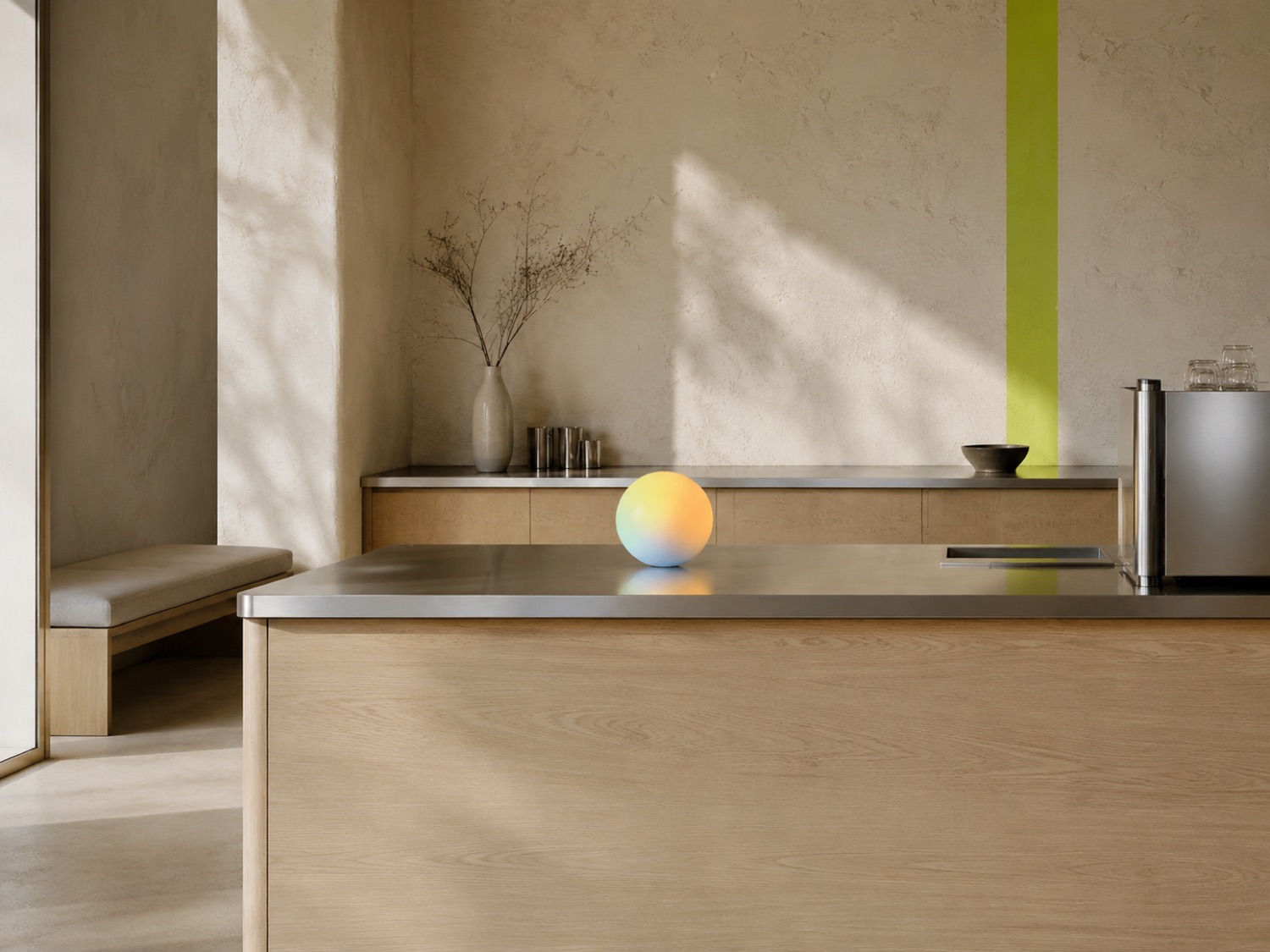 The orb counter — a glowing multi-hue orb on a pale-oak and brushed-steel counter, lime stripe behind