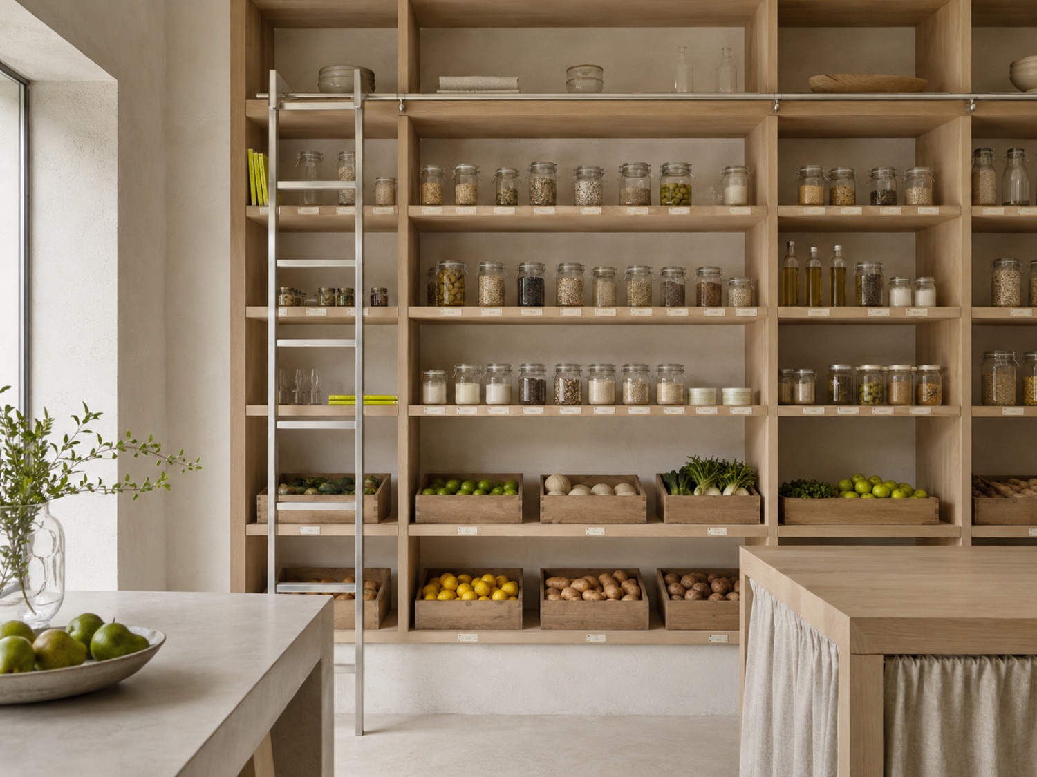 The pantry wall — floor-to-ceiling pale-oak shelves with jars and produce crates
