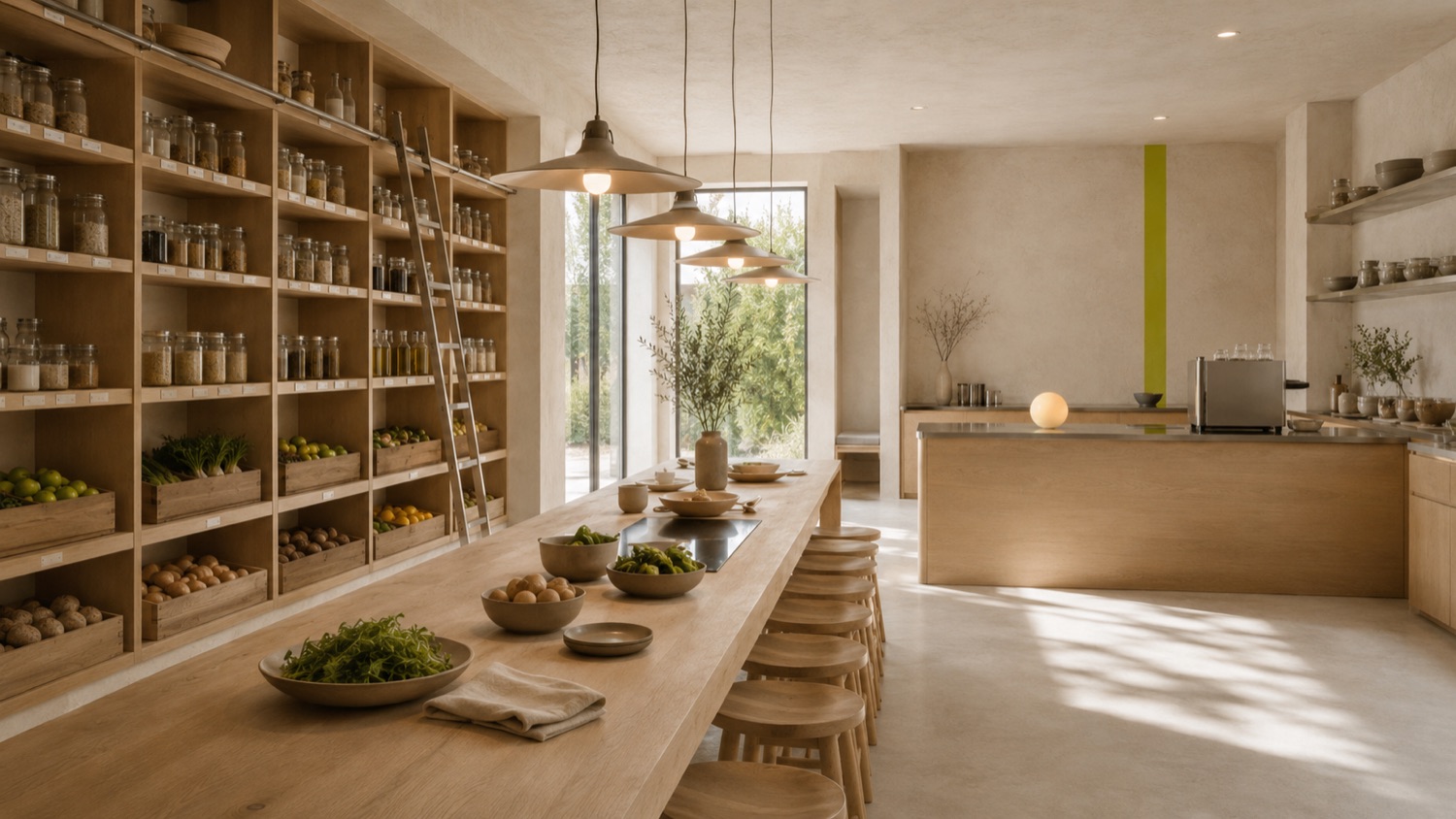 The blyzr café — pantry wall, long oak recipe table, and the orb counter under north light