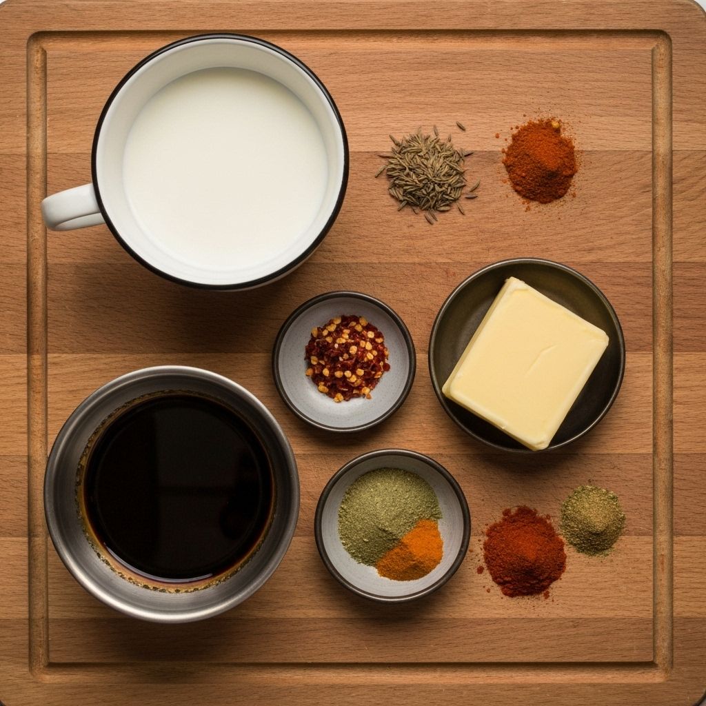 Cooking ingredients in metal bowls on wooden cutting board